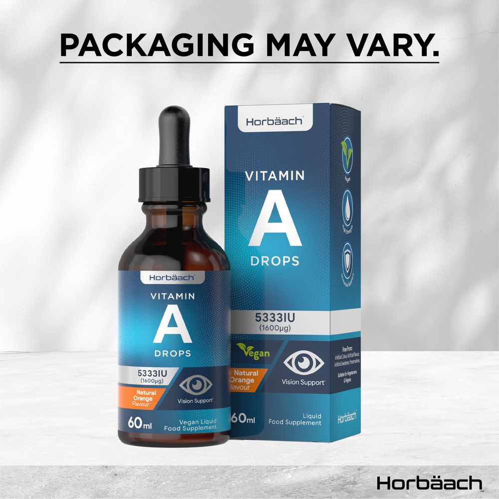 Liquid bottle containing Vitamin A Drops with a potency of 5333IU per 60ml.