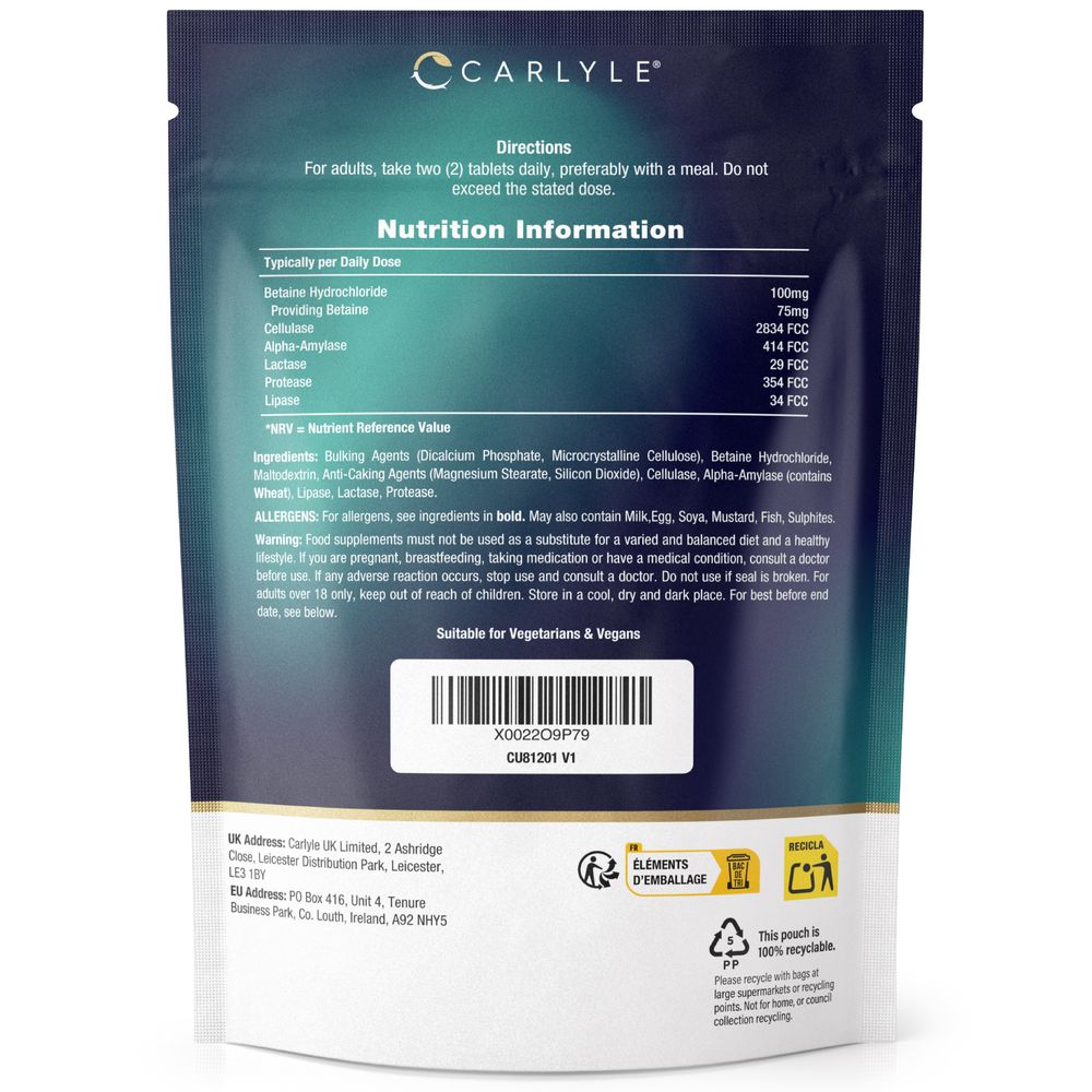 Back of Carlyle CU Digestive Enzyme Complex 120 Vegan Tablets pouch showing daily dose nutrition info.