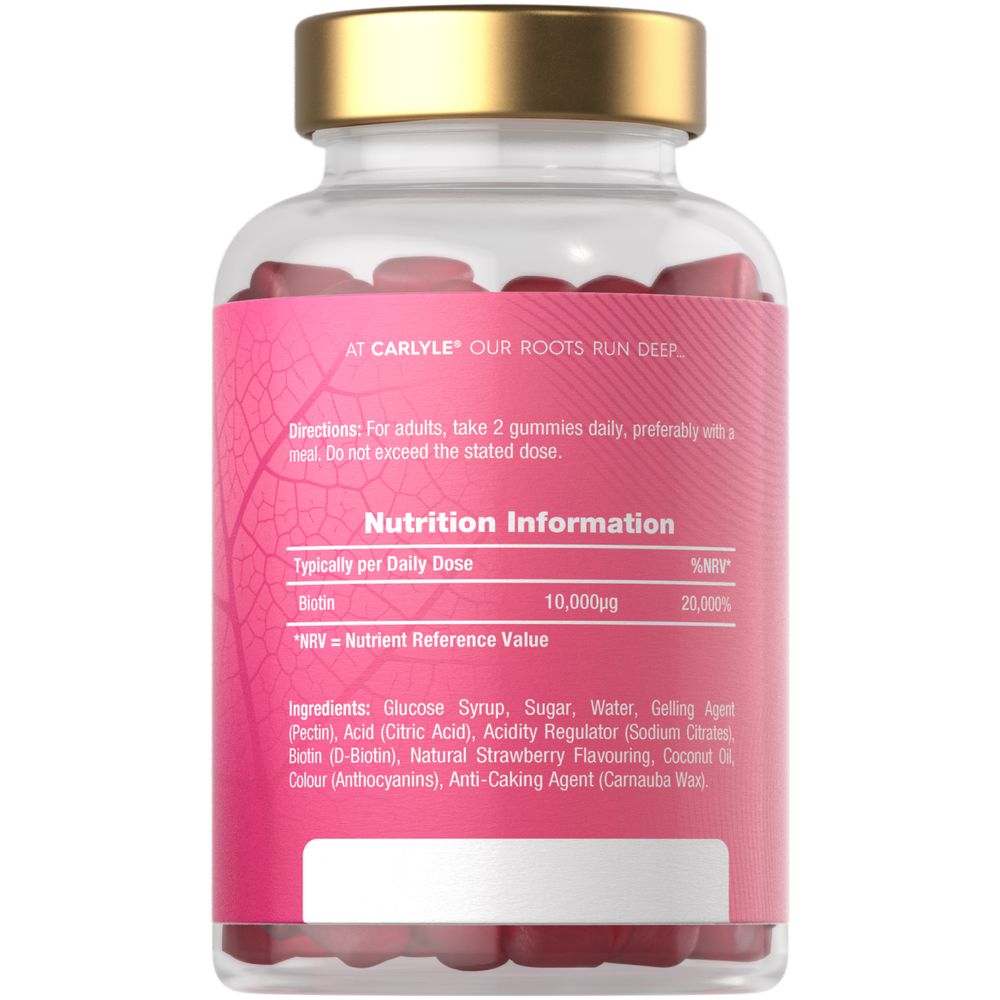 Bottle of Biotin 10000ug Vegan Gummies with a pink label and red gummies, shown in clear packaging.