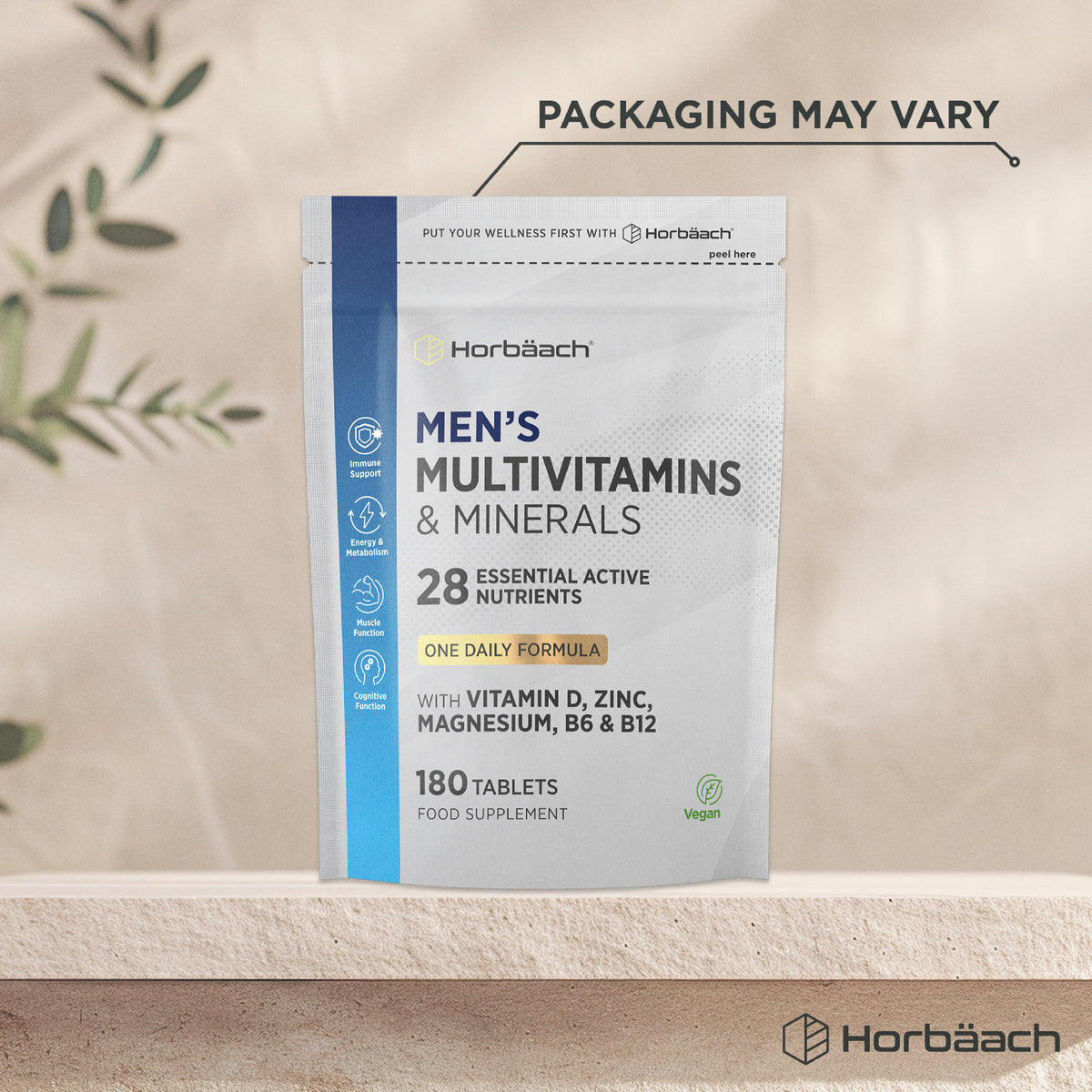 Horbääch Men's Multivitamins & Minerals with Vitamin D, Zinc, Magnesium, B6, and B12, 180 tablets, food supplement.