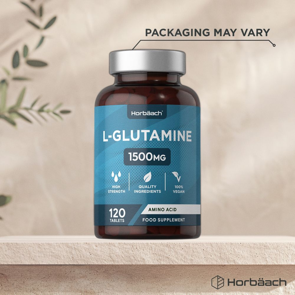 Image of L-Glutamine 1500mg, 120 tablets displayed on hand scale packaging.