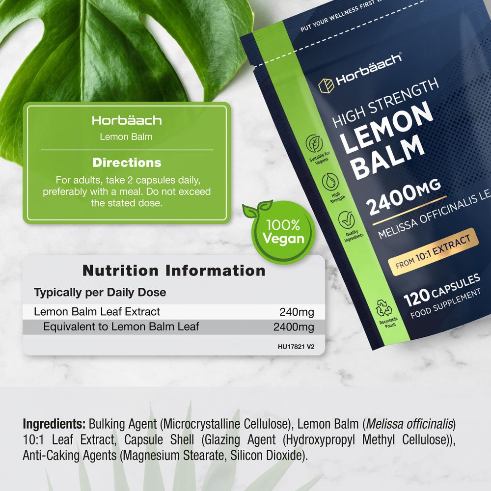 Two capsules offer 240mg Lemon Balm Leaf Extract, equal to 2400mg of leaf for enhanced herbal benefits.