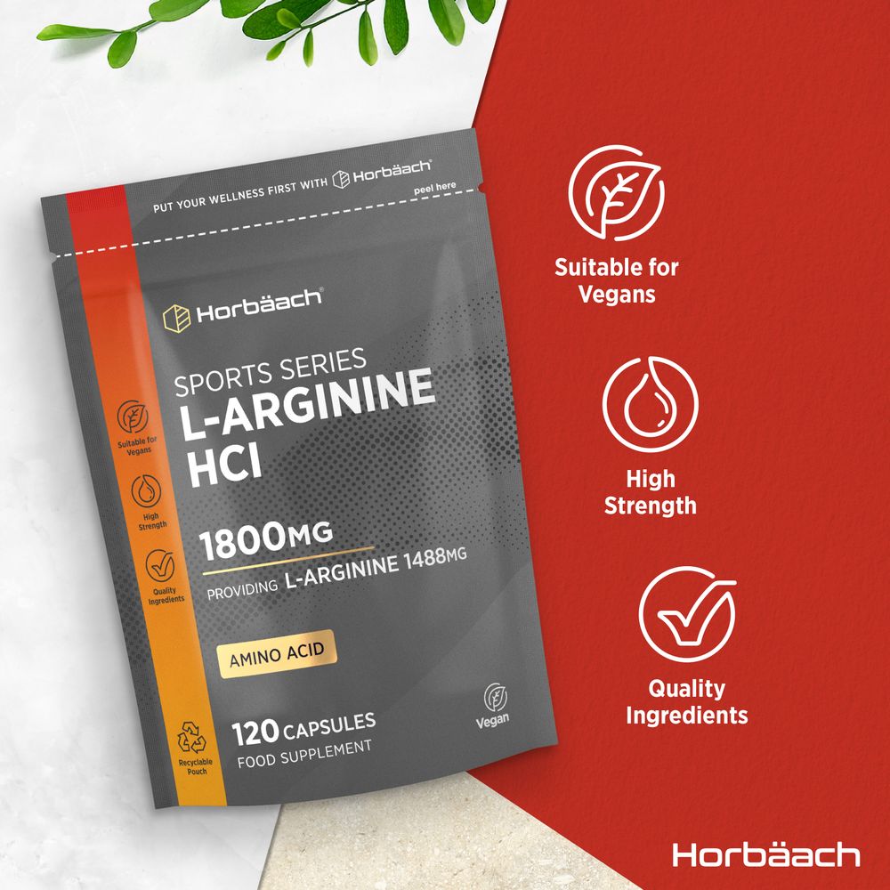 Bottle of L-Arginine HCl 1800mg, containing 120 capsules, shown on a hand scale.