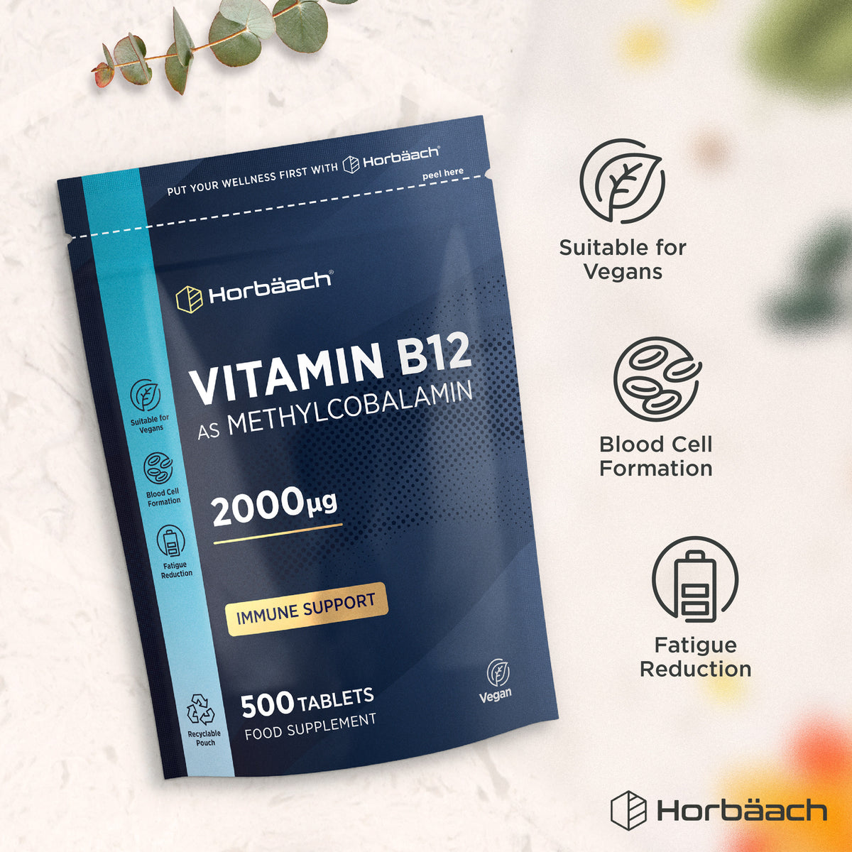 Horbäach Vitamin B12 as Methylcobalamin 2000µg, 500 Vegan Tablets Food Supplement in a recyclable pouch.