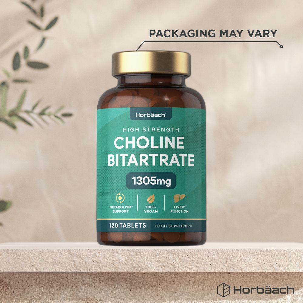Choline Bitartrate tablets, 1305mg, 120-count, vegan-friendly, showcased on a hand scale.