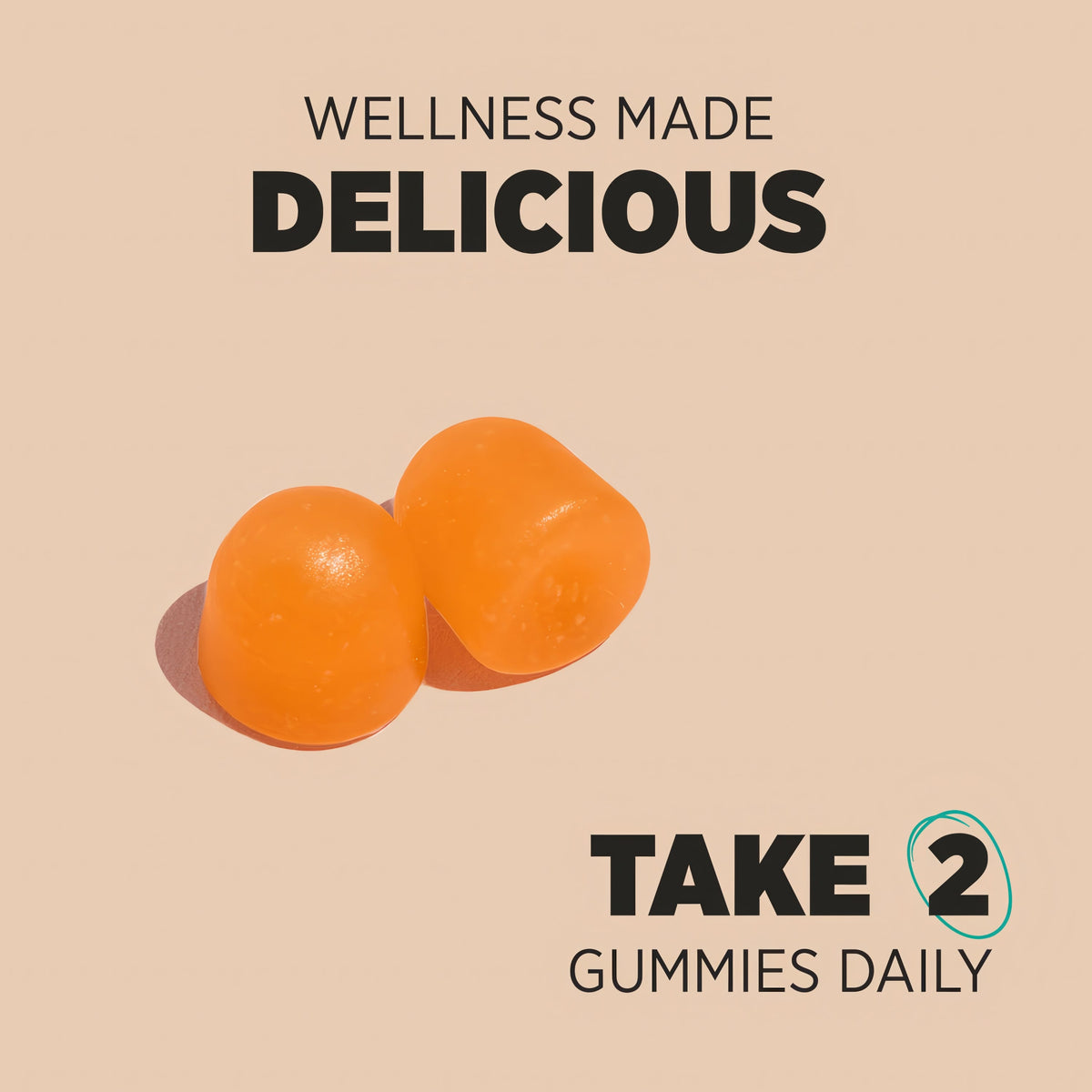 Two orange HU Turmeric & Ginger Vegan Gummies with text 'WELLNESS MADE DELICIOUS' and 'TAKE 2 GUMMIES DAILY'.