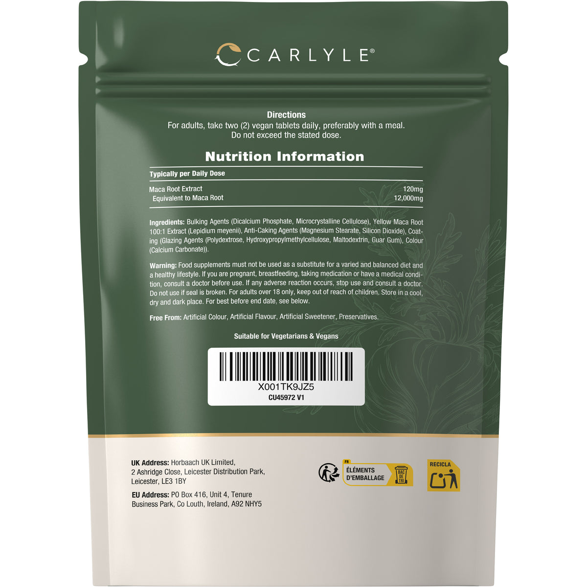 Maca Root 12000mg 180 Vegan Tablets pouch contains 120mg Maca Root Extract, equivalent to 12,000mg Maca Root.