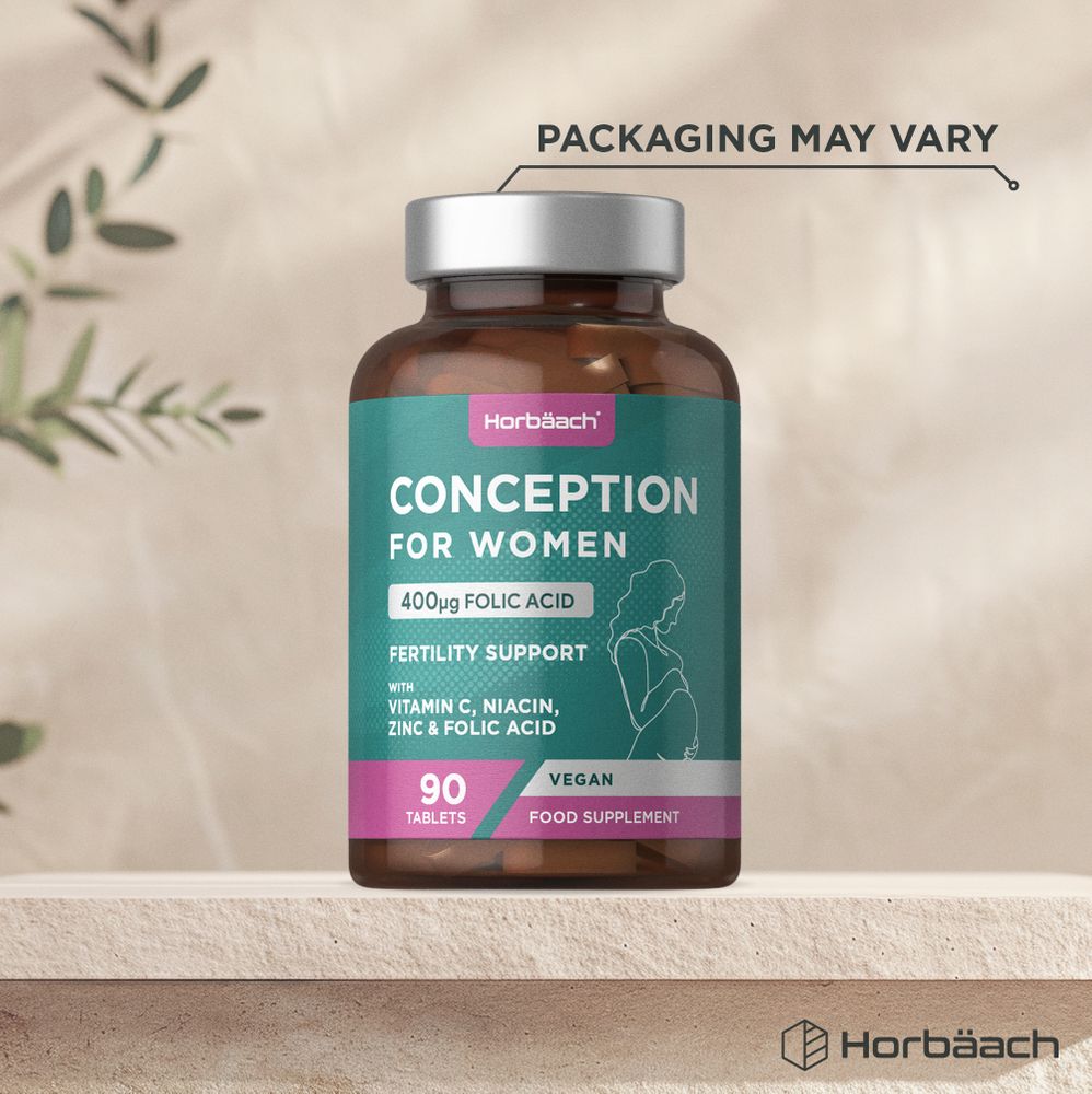 Horbäach Conception For Women 90 Vegan Tablets, 400µg Folic Acid, with Vitamin C, Niacin, and Zinc for fertility support.
