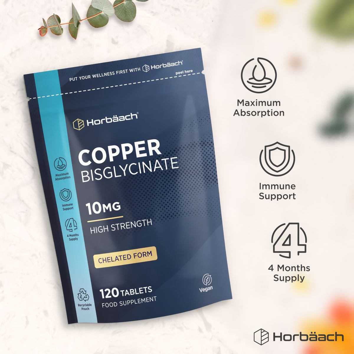 Copper Bisglycinate 10mg High Strength Chelated Form, 120 Vegan Tablets, 4 Months Supply for Maximum Absorption and Immune Support.