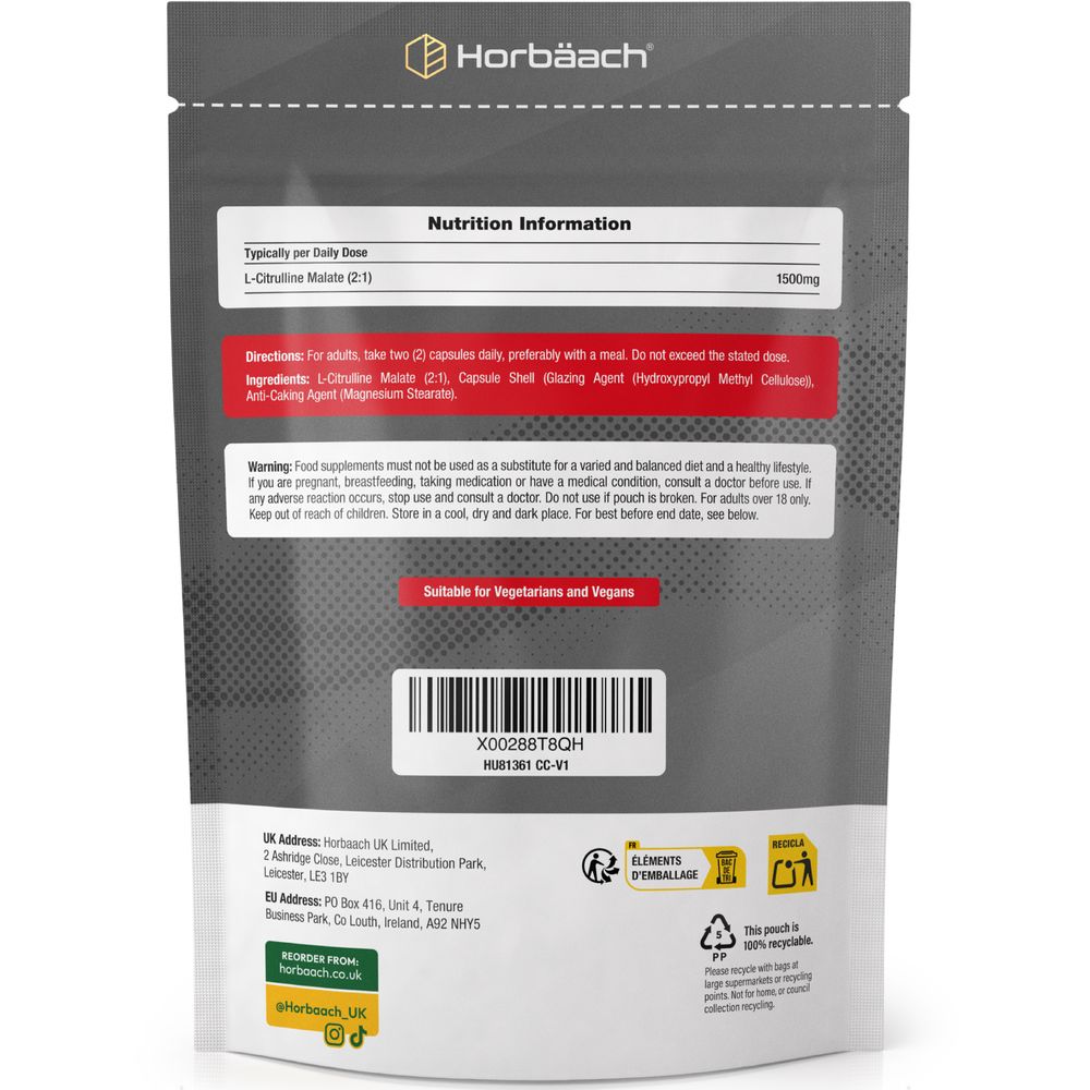 A pouch containing L-Citrulline Malate 750mg capsules placed on a hand scale.