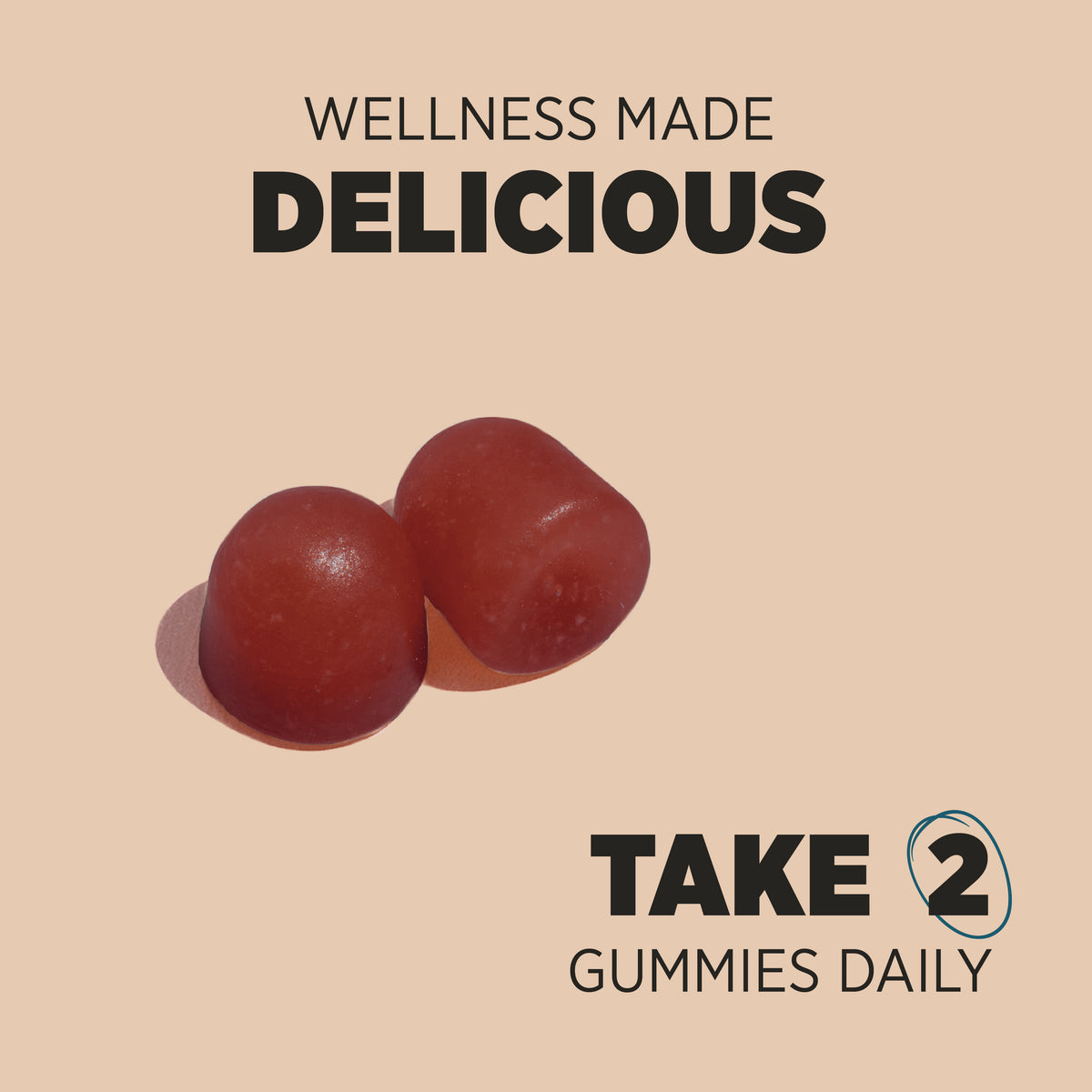 Two red HU Omega 369 & Multivitamin Gummies with the text 'WELLNESS MADE DELICIOUS' and 'TAKE 2 GUMMIES DAILY'.