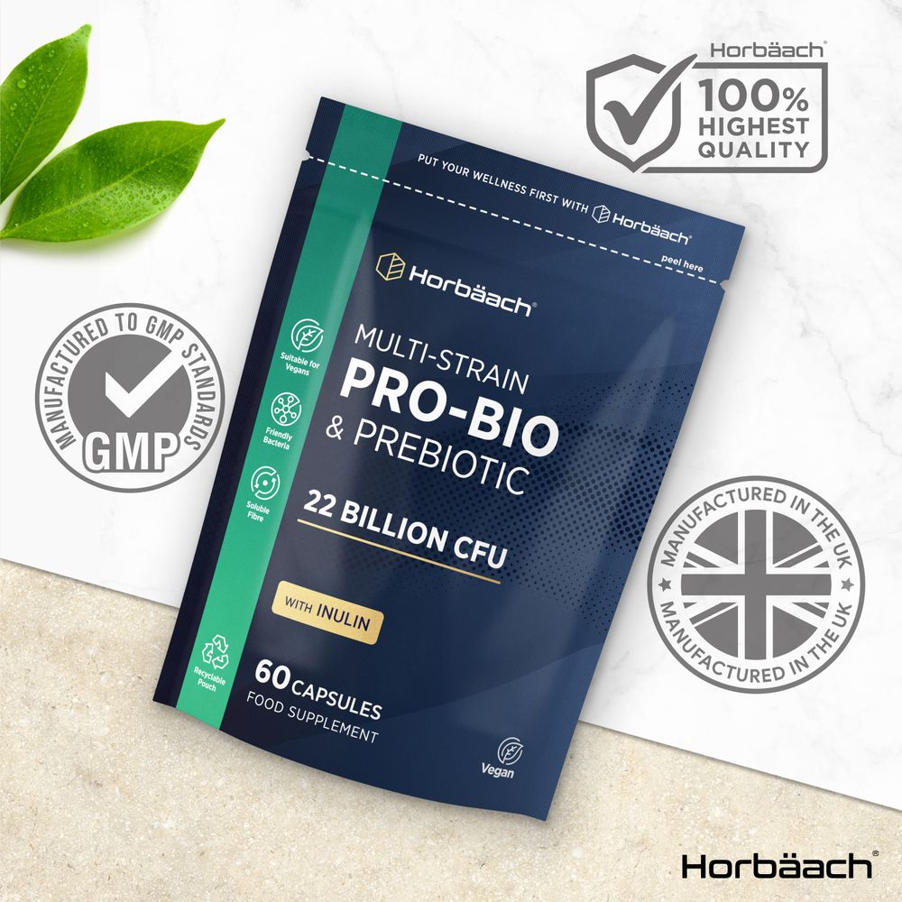 Flexible pouch containing 60 capsules of Multi-Strain Pro-Bio & Prebiotic, offering 22 Billion CFU.