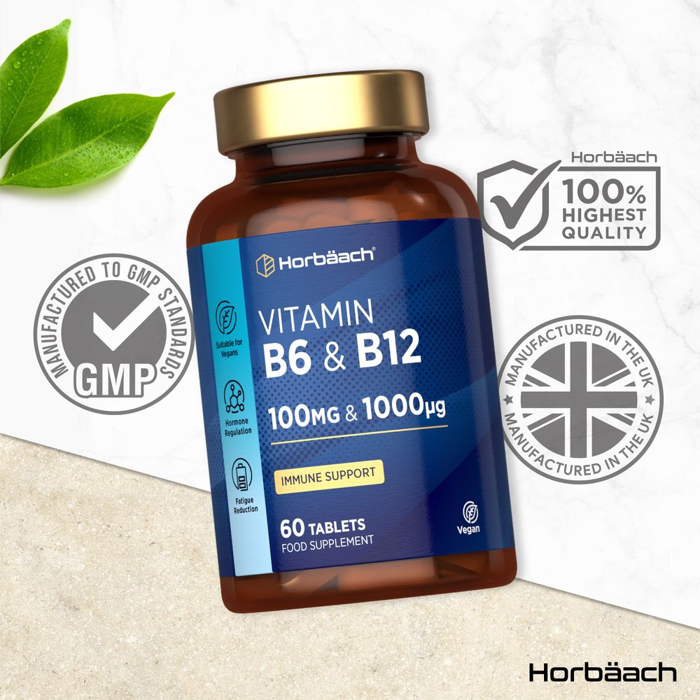 Bottle of Vitamin B6 100mg and B12 1000µg tablets, 60-count package, shown on a hand scale for bulk measurement.