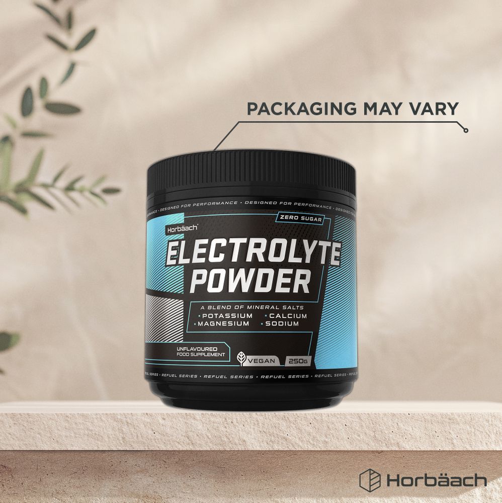 Horbäach Electrolyte Powder 250g jar. Unflavoured, zero sugar, vegan. Contains potassium, magnesium, calcium, sodium.