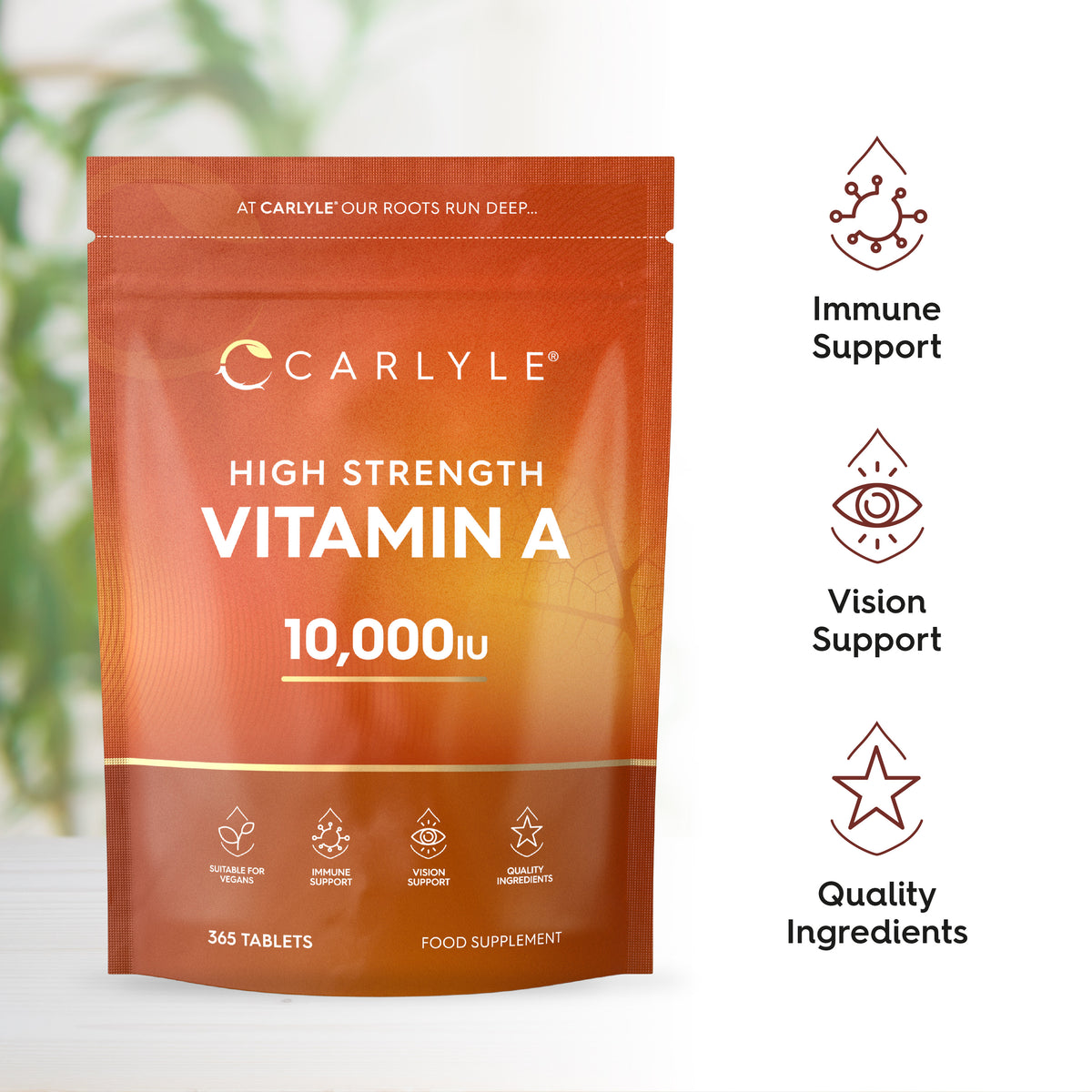 Carlyle High Strength Vitamin A 10,000 IU, 365 Vegan Tablets, food supplement in a pouch.