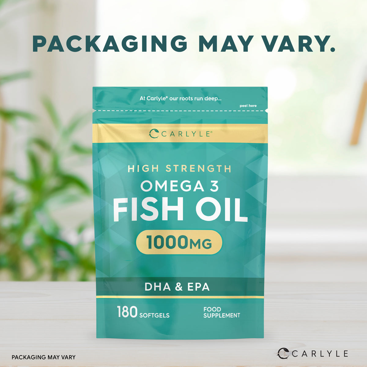 Image of High Strength Omega 3 Fish Oil supplement, 1000mg, 180 softgels with DHA and EPA.
