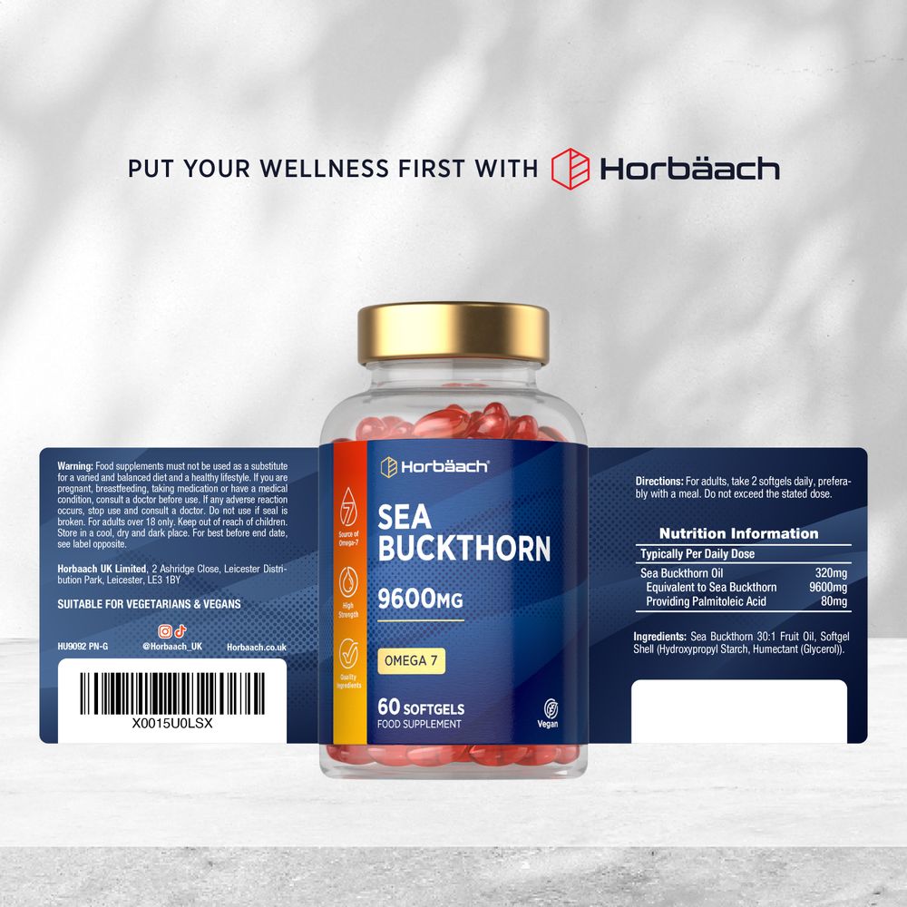 A bottle of Sea Buckthorn 9600mg containing 60 softgels displayed on a hand scale.