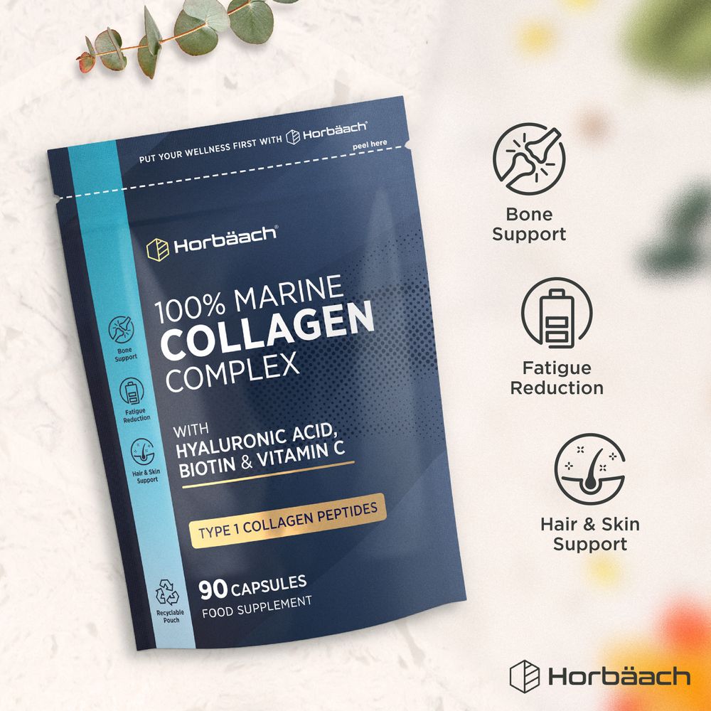 Dark blue Horbäach 100% Marine Collagen Complex pouch with 90 capsules, including Hyaluronic Acid, Biotin, and Vitamin C.