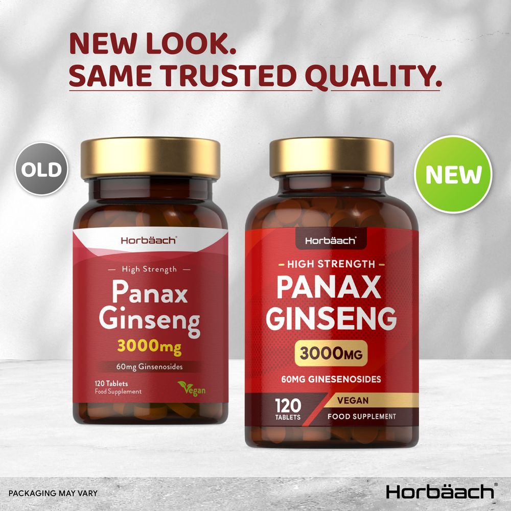 Two bottles of Panax Ginseng 3000mg 120 Vegan Tablets, one old and one new design, with 'New Look. Same Trusted Quality.'