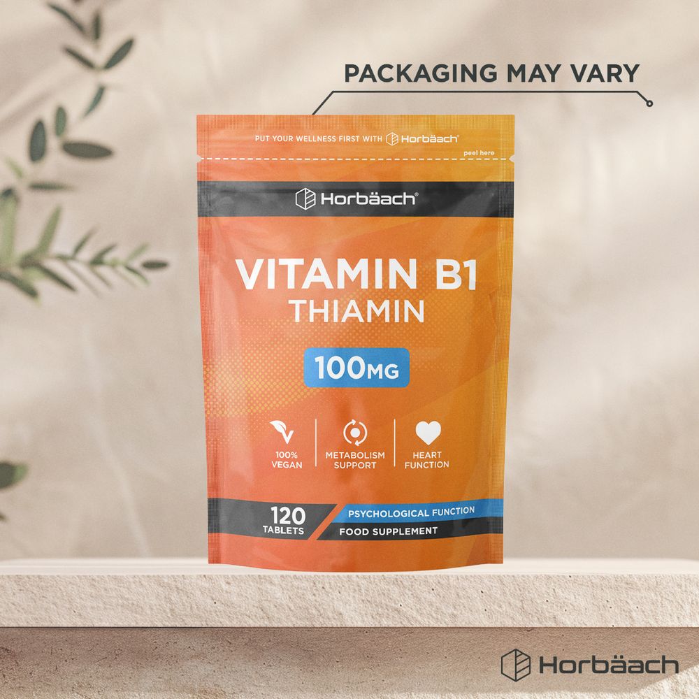 Horbäach Vitamin B1 Thiamin 100mg, 120 vegan tablets in a pouch displayed on hand scale.