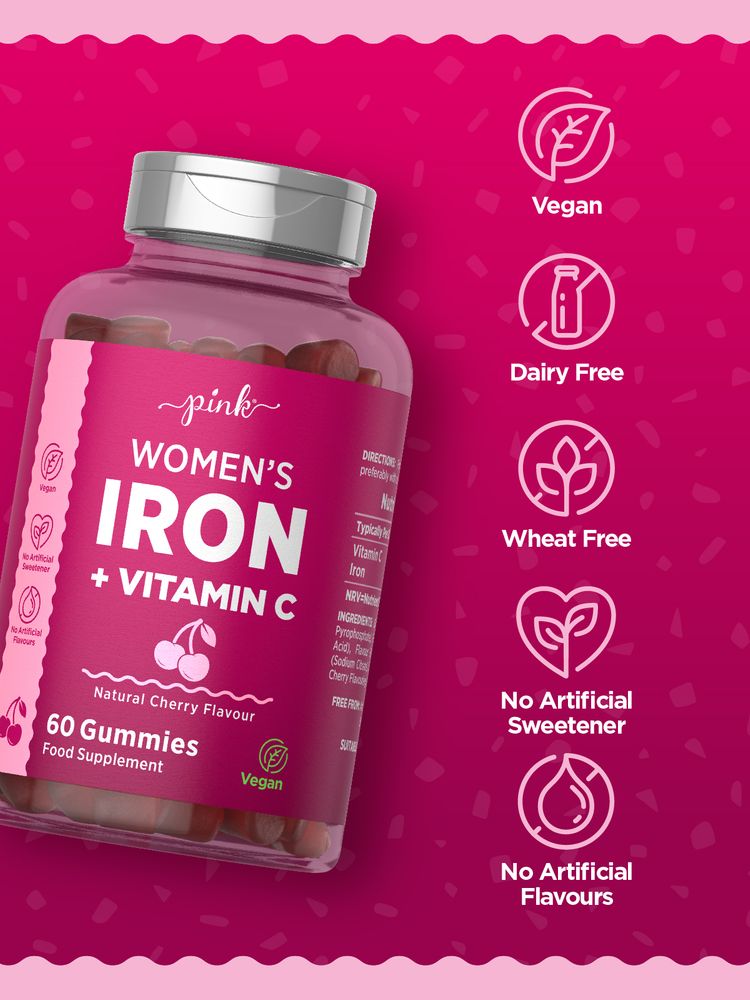 Iron Gummies bottle: Vegan, Dairy Free, Wheat Free, No Artificial Sweeteners or Flavours.