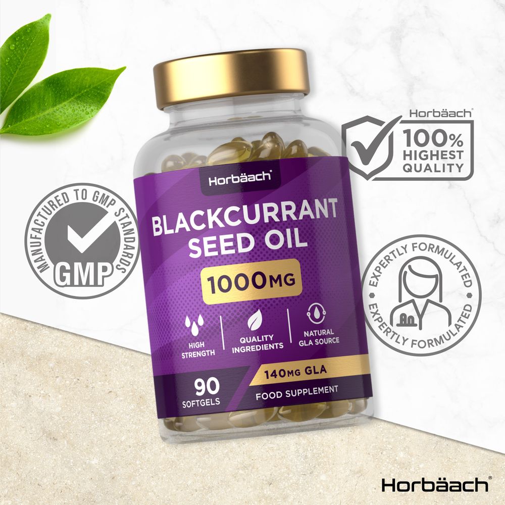 A bottle of Horbäach Blackcurrant Seed Oil, 1000MG, containing 90 softgels.
