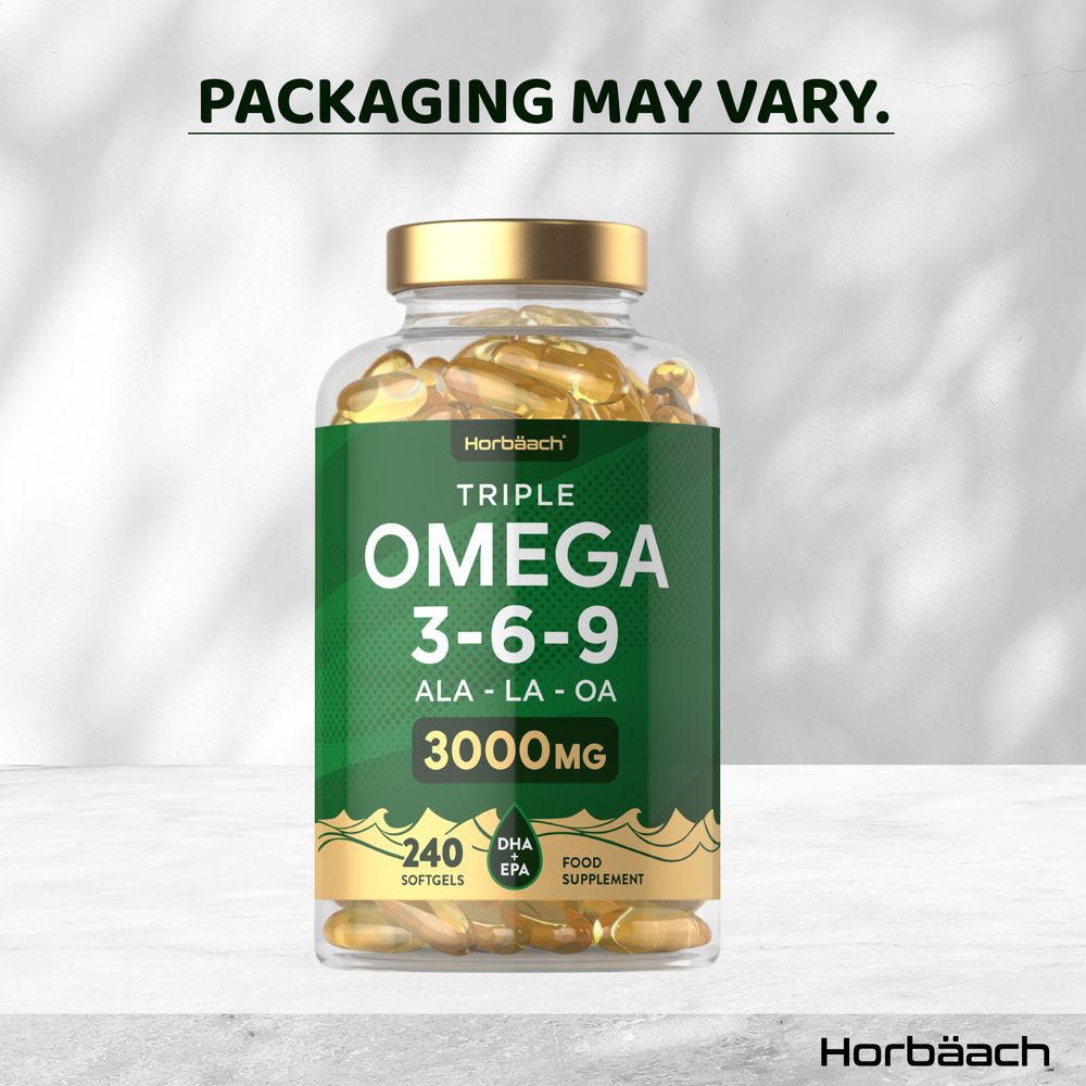 Horbäach Triple Omega 3-6-9, 3000mg, 240 softgels displayed on a scale in a hand, highlighting supplement size and quantity.