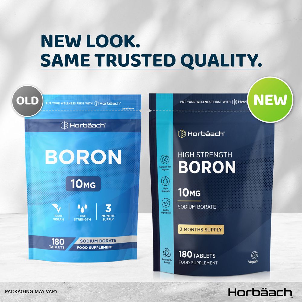 HU Boron 10mg 180 Vegan Tablets in old and new packaging, featuring the text 'NEW LOOK. SAME TRUSTED QUALITY.'
