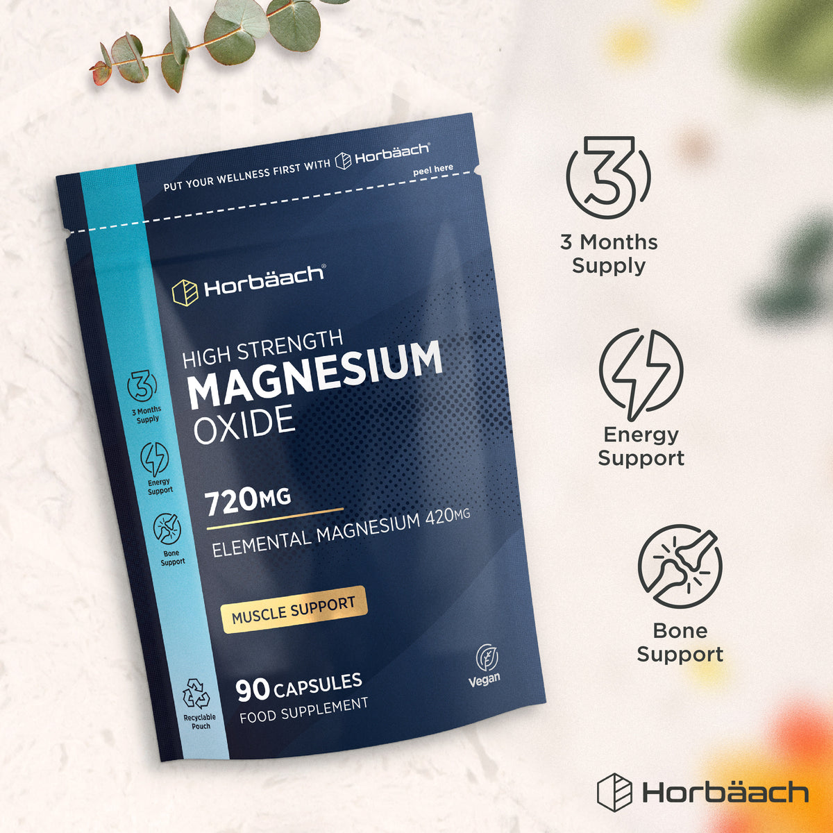 Horbäach Magnesium Oxide 720mg (420mg Elemental) in 90 vegan capsules for 3 months of energy, bone, and muscle support.