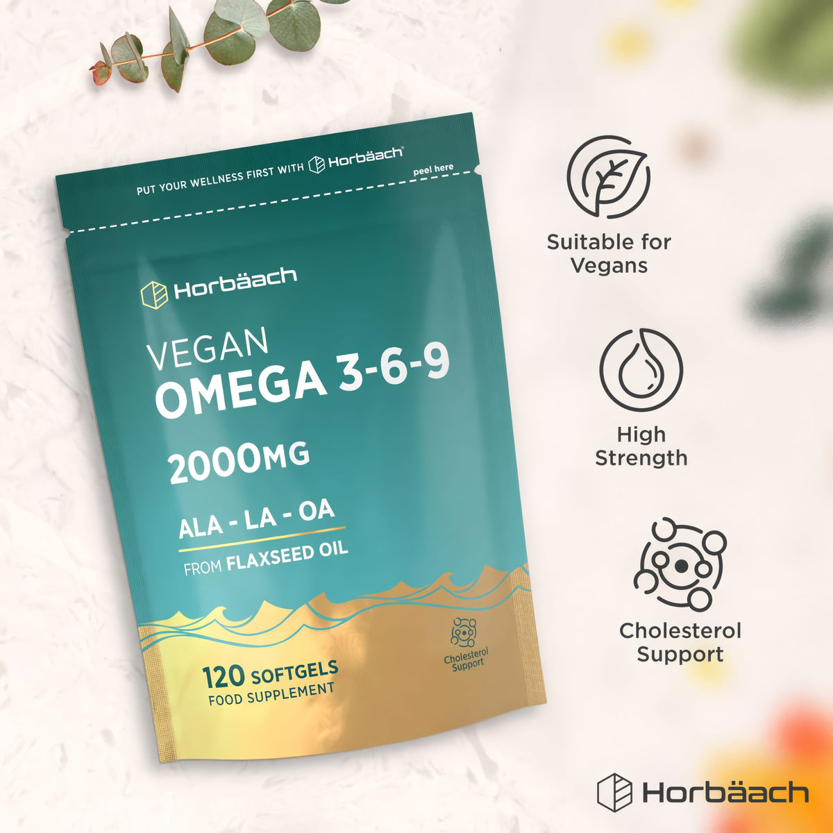 Horbäach Vegan Omega 3-6-9 2000mg, 120 Softgels. High strength, cholesterol support, suitable for vegans.