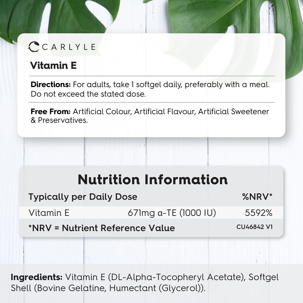 The label details Vitamin E 1000 IU softgel, providing 671mg alpha-TE per daily dose.
