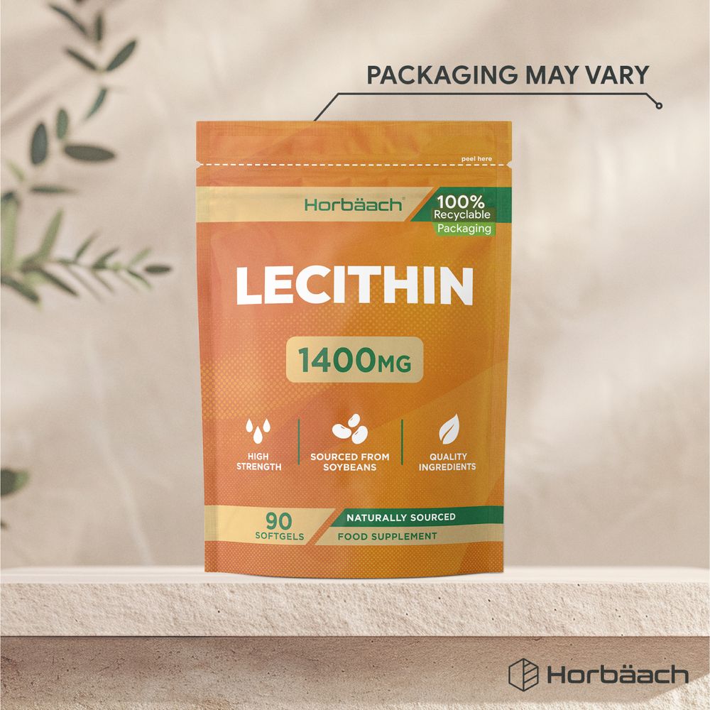 A hand holding a bottle of Soy Lecithin 1400MG containing 90 softgels.