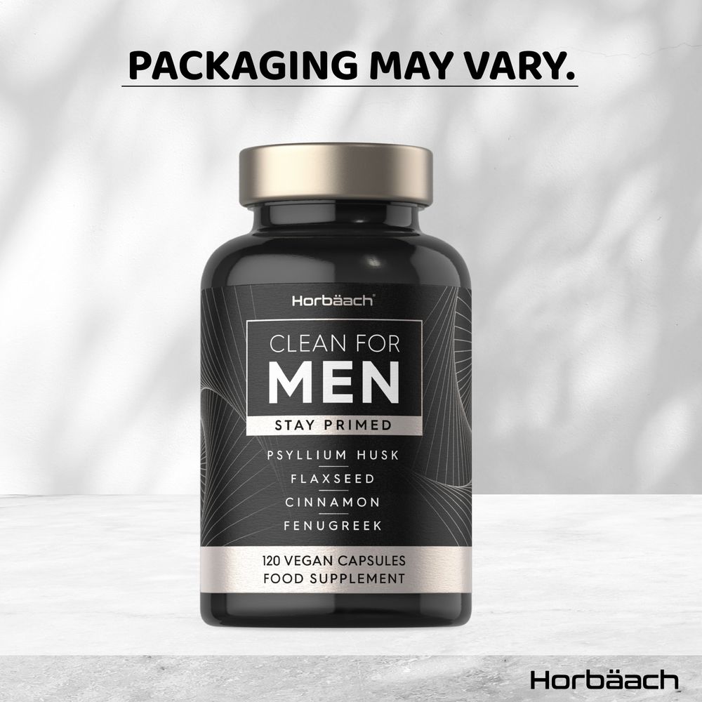 Horbäach Clean for Men features 120 vegan capsules shown in a hand for size comparison.