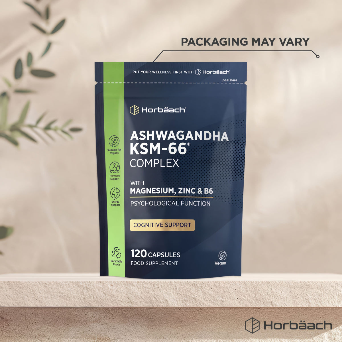 Horbäach Ashwagandha KSM-66 Complex with Magnesium, Zinc & B6, 120 Vegan Capsules in a recyclable pouch.