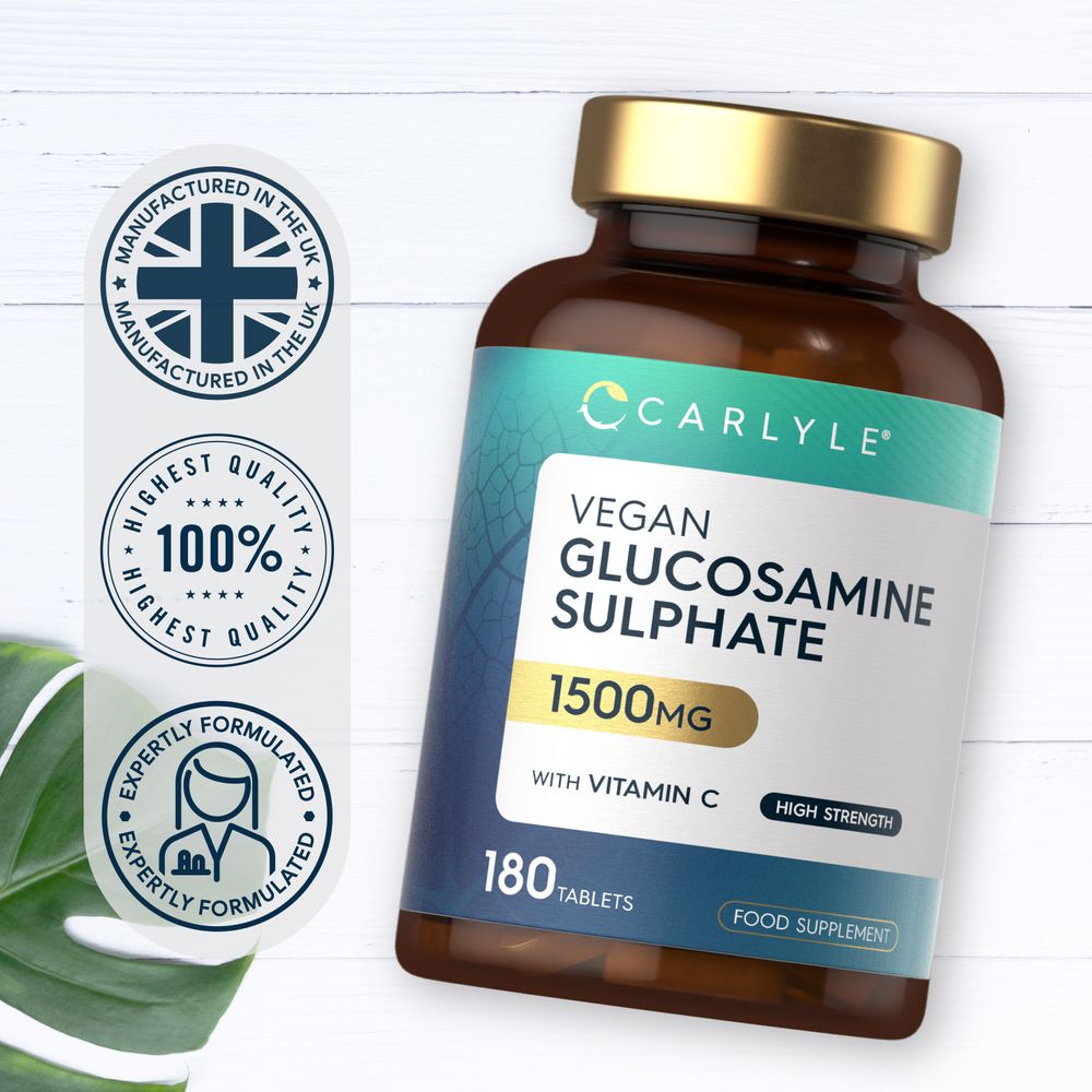 Vegan Glucosamine Sulphate 1500mg tablets with Vitamin C, high strength, 180-count bottle.