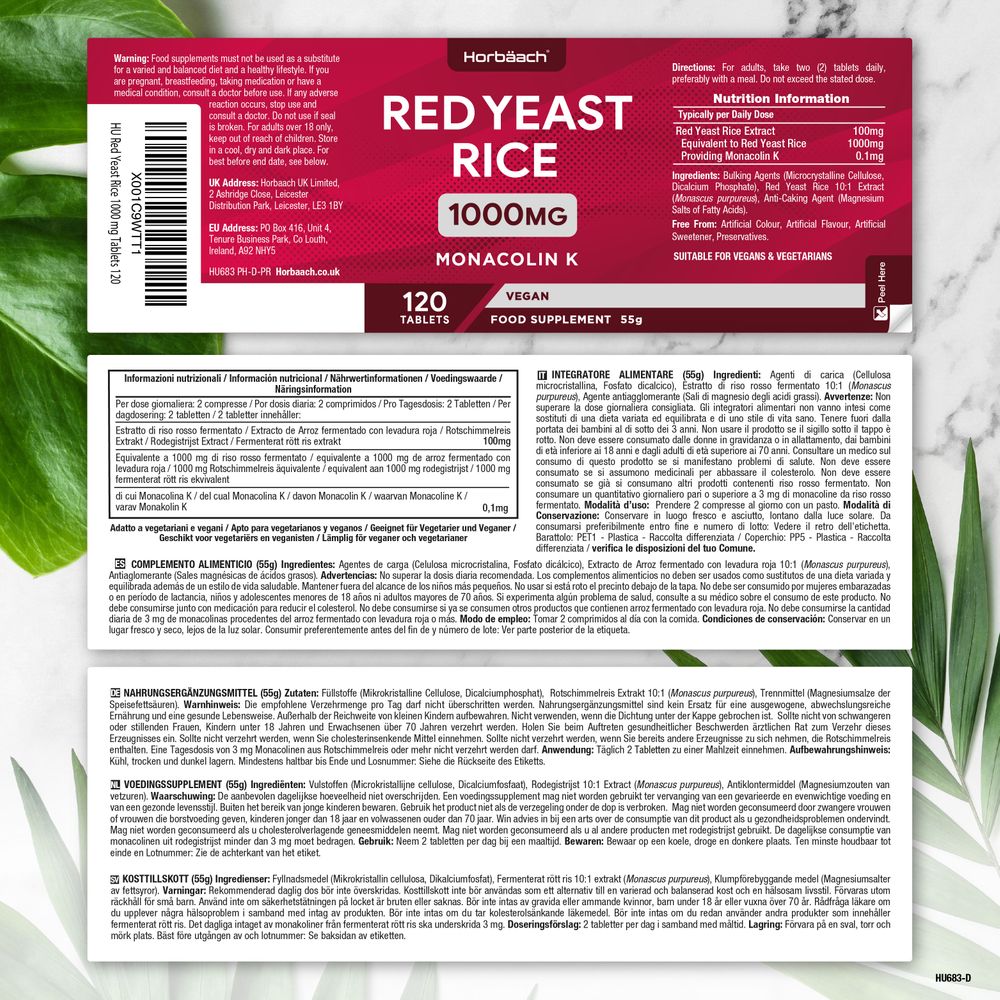 Red Yeast Rice 1000mg tablets with Monacolin K, 120 count.