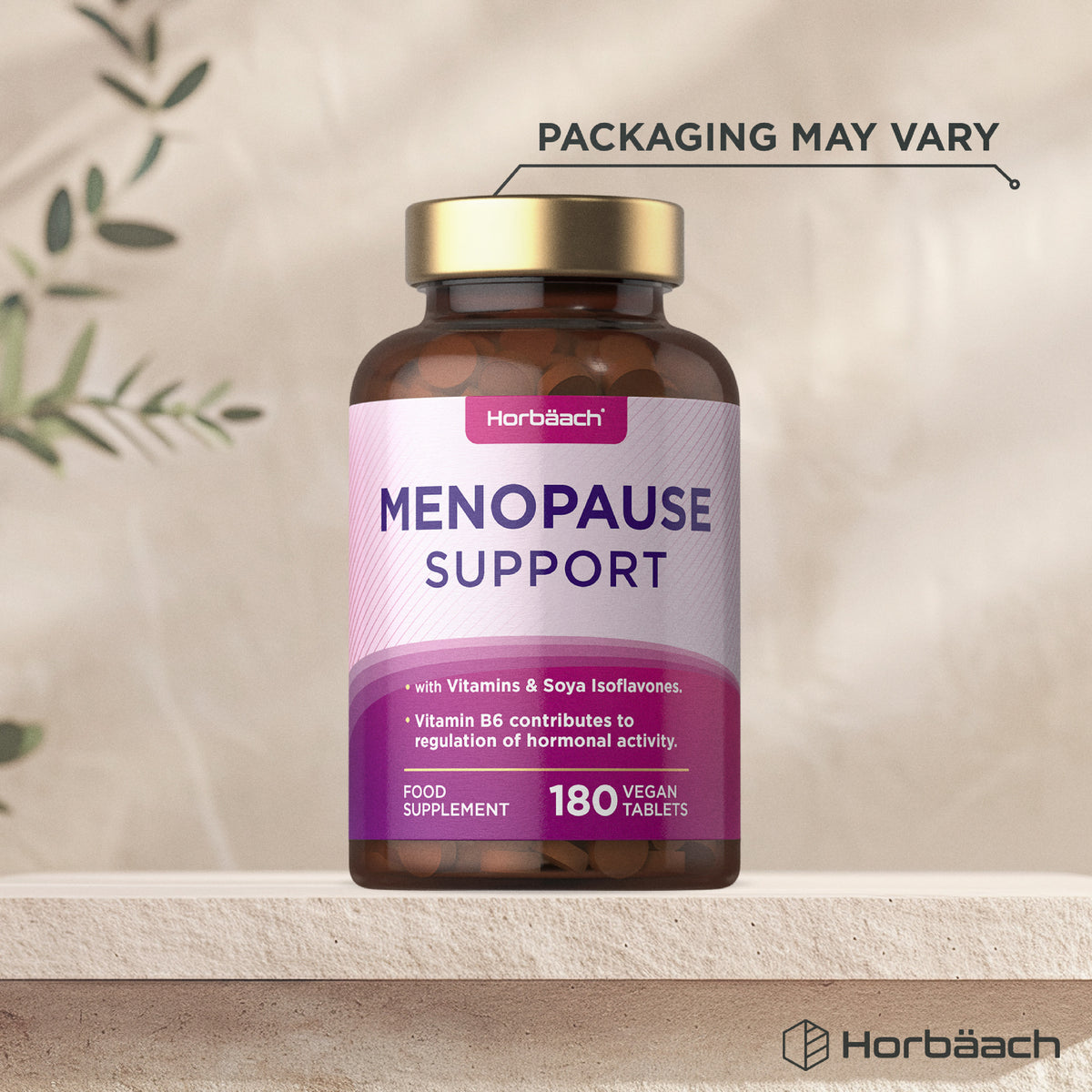 Horbäach Menopause Support bottle containing 180 vegan tablets for menopause relief.
