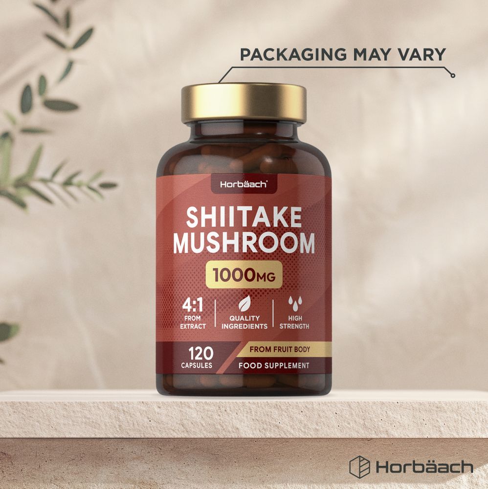 Bottle of Shiitake 1000mg, with 120 capsules, shown on a hand scale. Ideal for supplement enthusiasts seeking natural wellness.