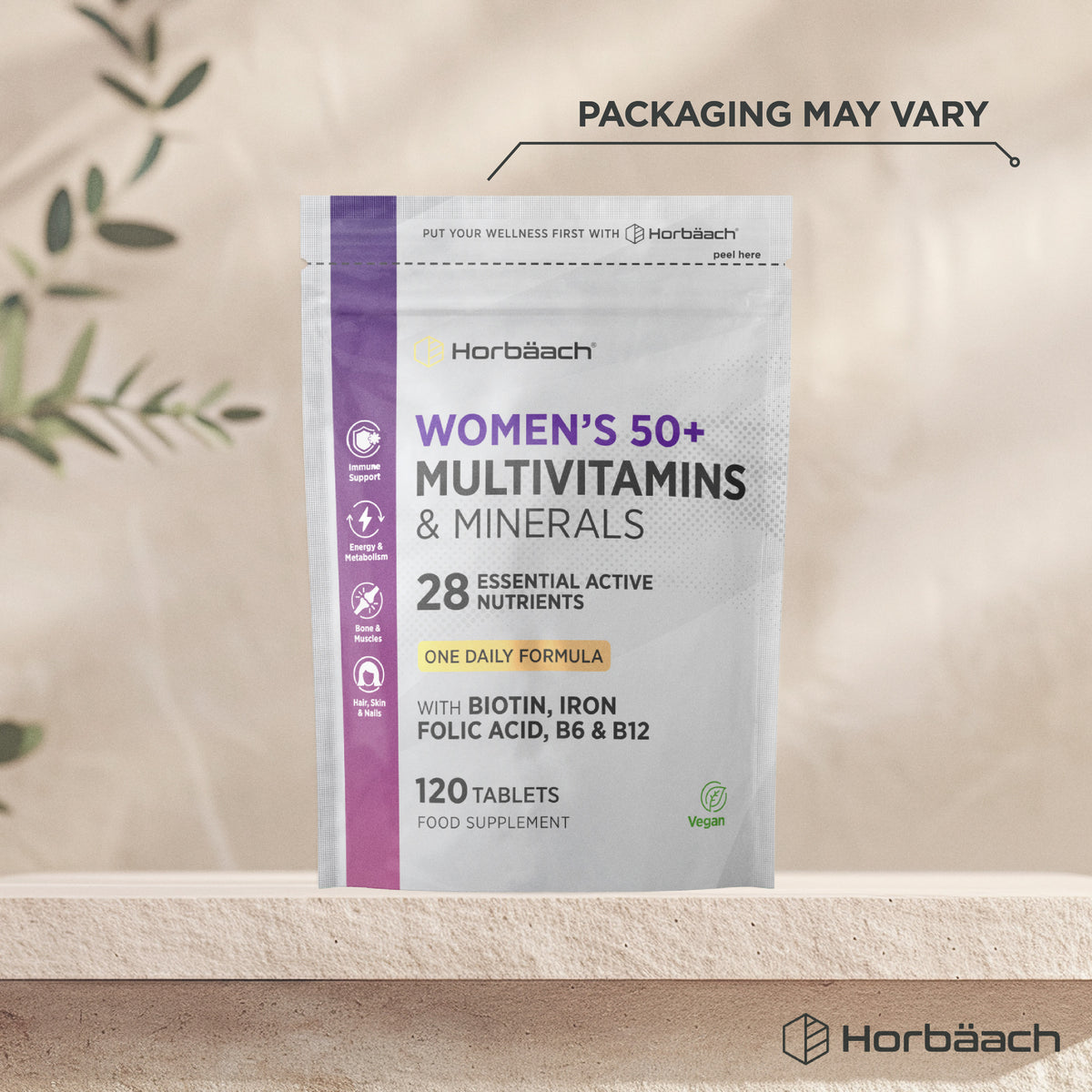 Horbäach Women's 50+ Multivitamins with Biotin, Iron, Folic Acid, B6 & B12. Vegan, 120 tablets for women's health.
