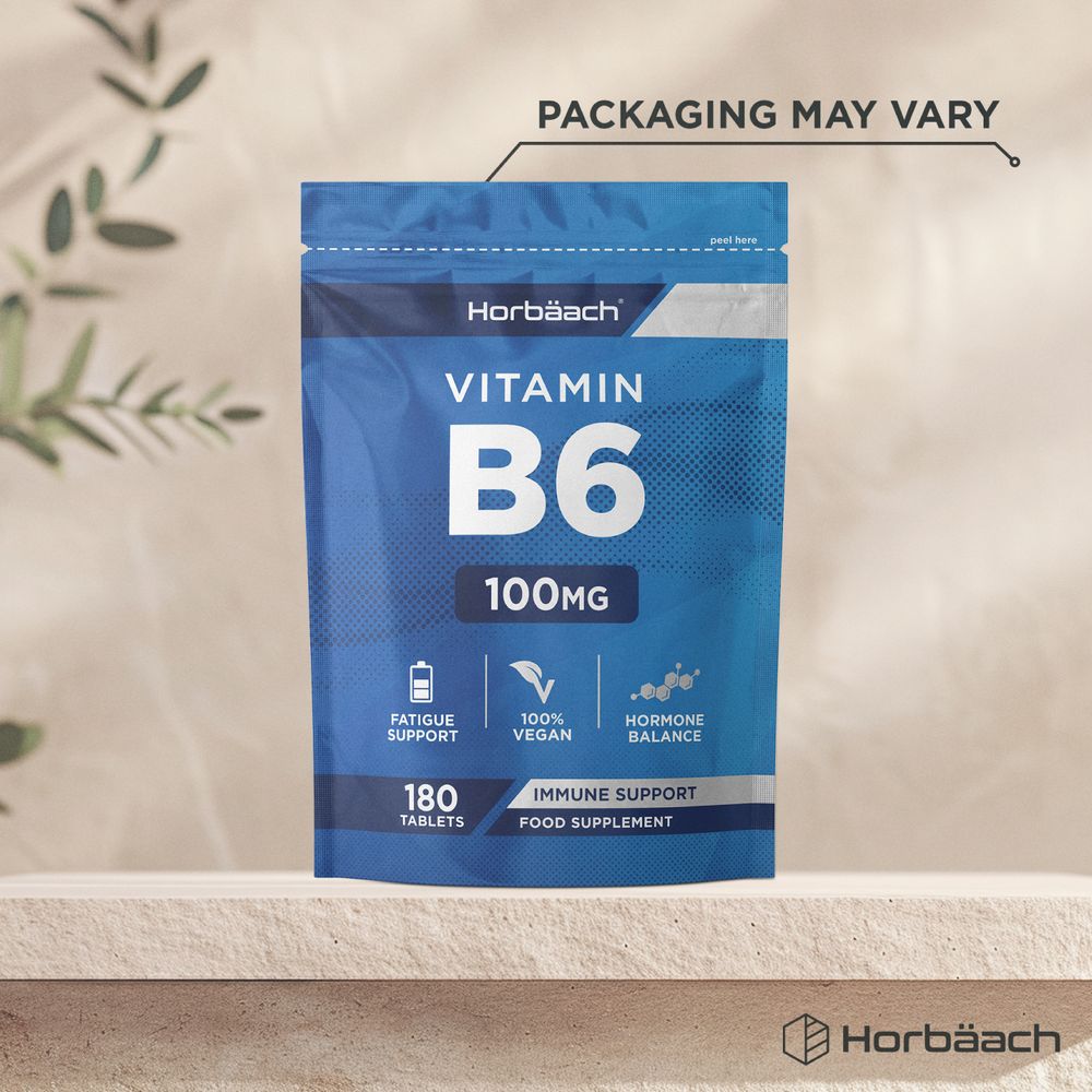 Horbäach Vitamin B6 100mg, 180 vegan tablets come in a blue stand-up pouch.