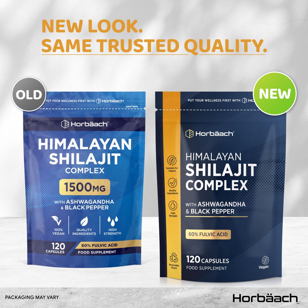 Two pouches of Himalayan Shilajit Complex, 120 vegan capsules, 1500mg, with Ashwagandha, Black Pepper, and 60% Fulvic Acid.