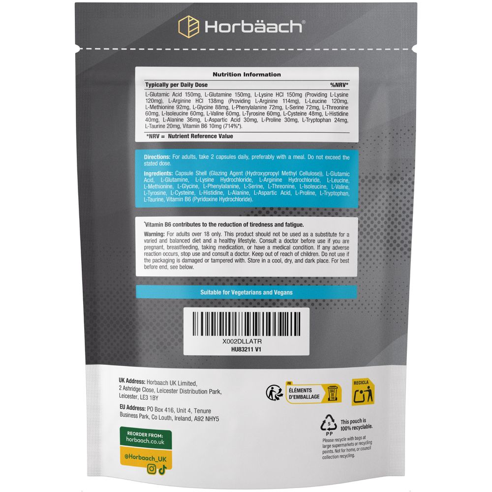 A gray pouch containing 120 vegan capsules of HU Amino Acid Complex.