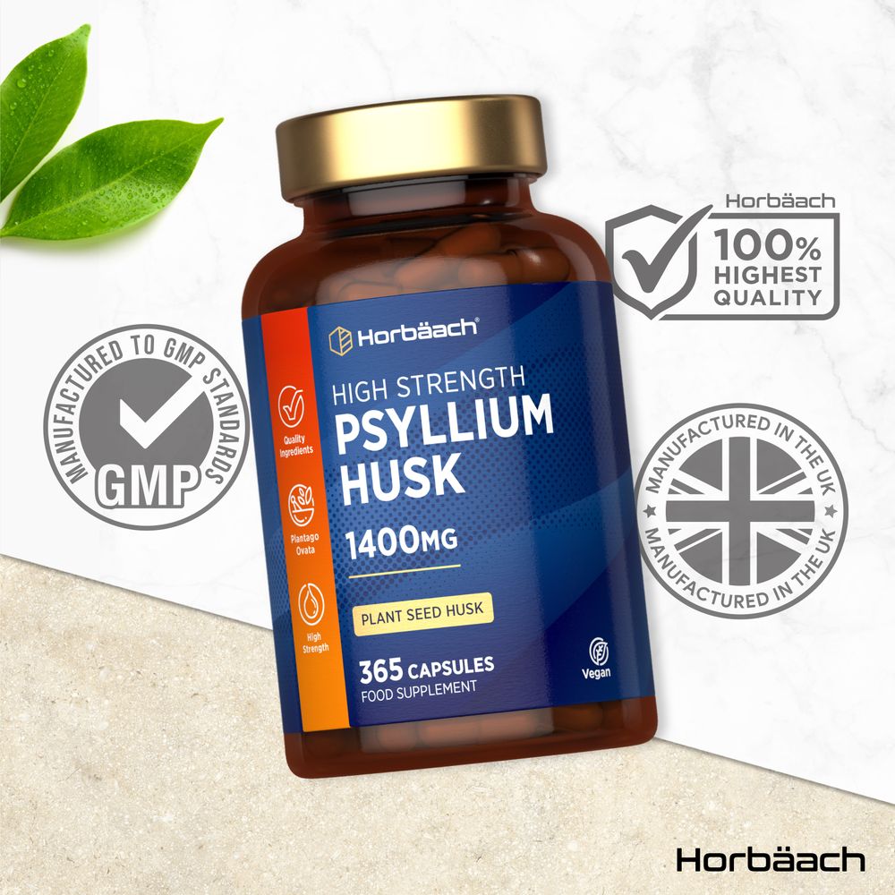 Hand holds a bottle of 1400mg Psyllium Husk, containing 365 vegan capsules, displayed on a scale, emphasizing bulk quality.