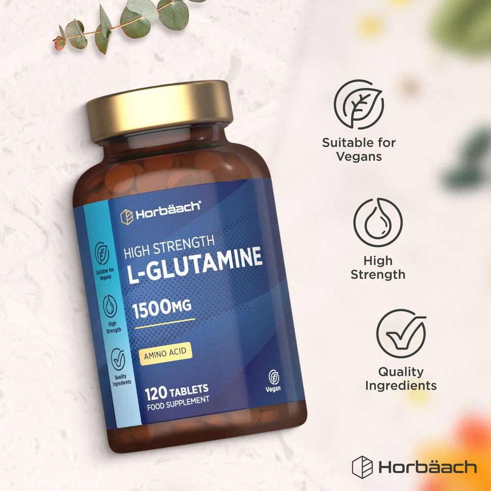 Image of L-Glutamine tablets, 1500mg, 120 count displayed on a hand scale.