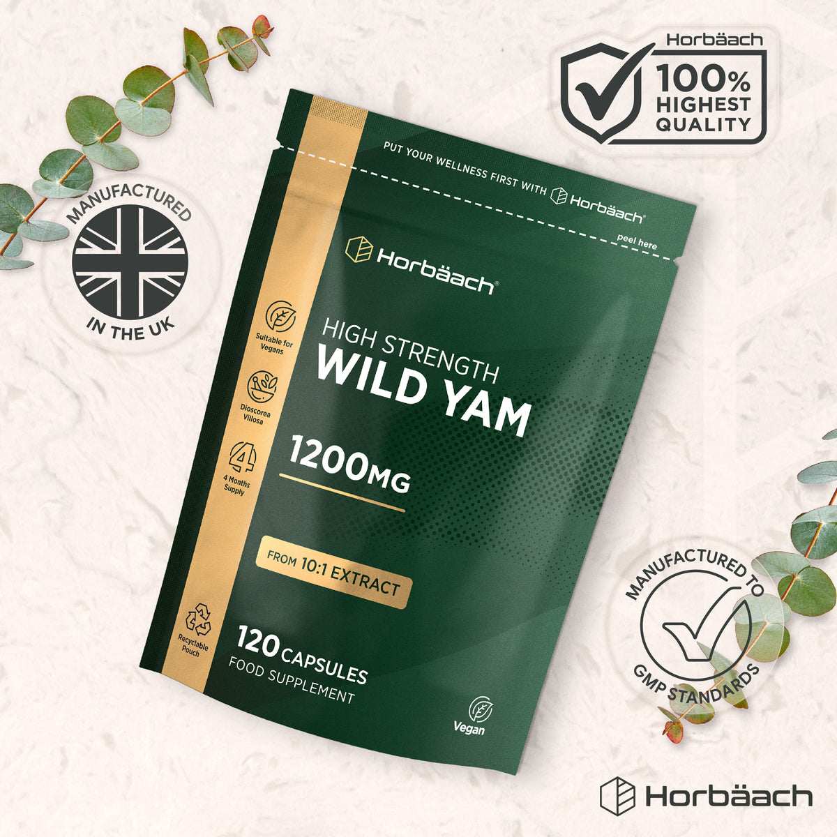 Horbäach High Strength Wild Yam 1200mg from 10:1 Extract, 120 Capsules. Food Supplement in Vegan, Recyclable Pouch.