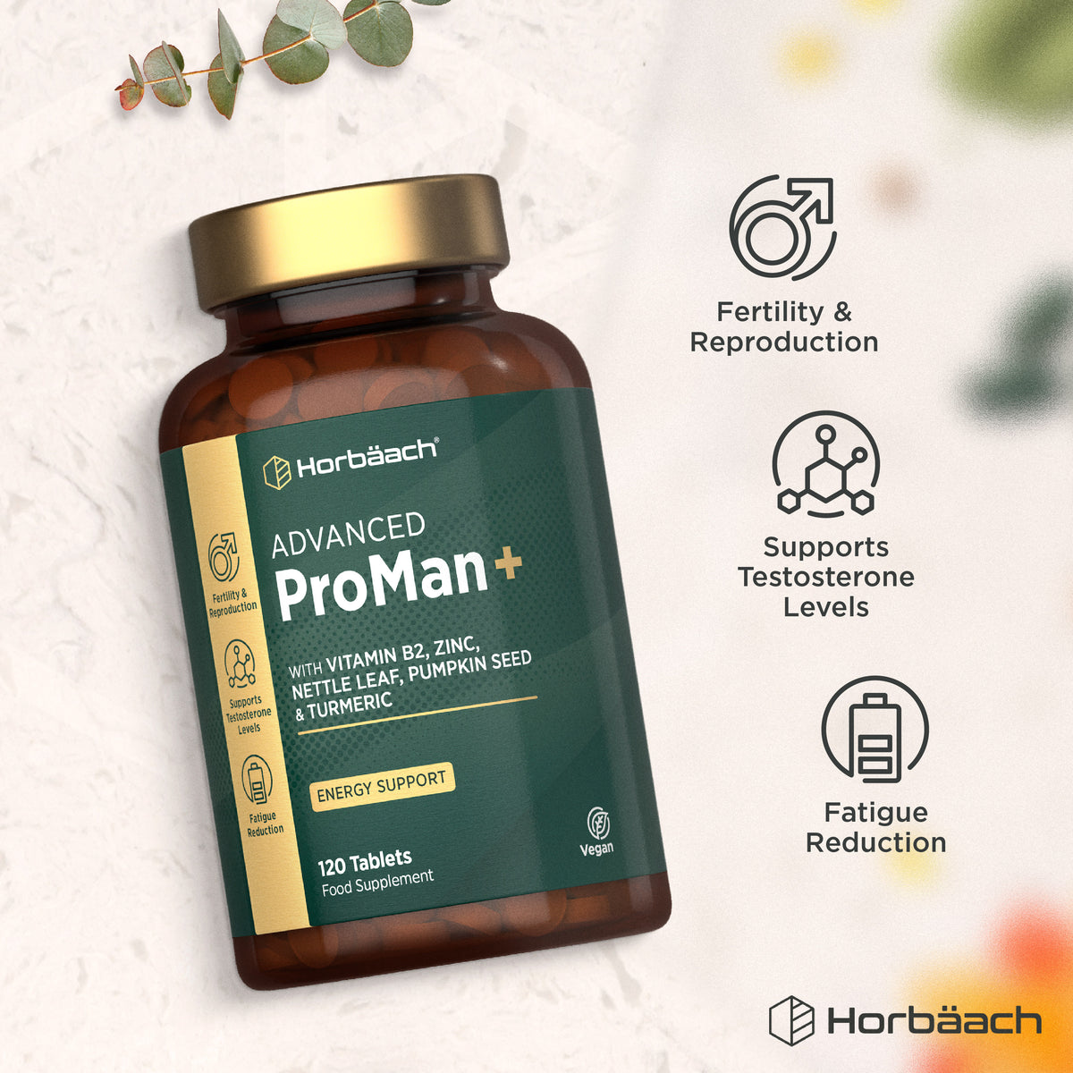 ProMan+ 120 Tablets support fertility, reproduction, testosterone, and fatigue reduction. Contains B2 and zinc. Vegan.
