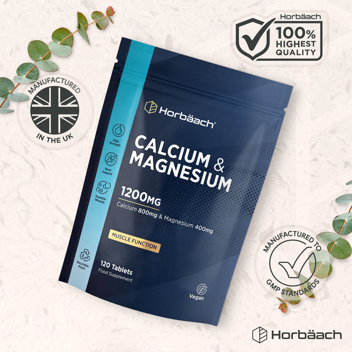 Horbäach Calcium & Magnesium 1200mg Tablets, 120 count, Vegan, High Strength, in a Recyclable Pouch.