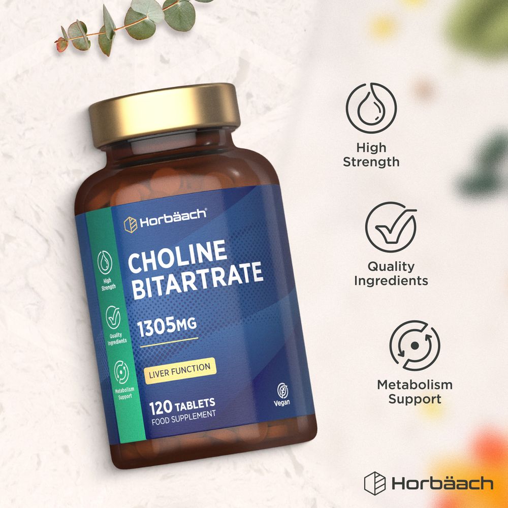 Horbäach Choline Bitartrate 1305MG bottle with 120 tablets, displayed on a hand for scale.