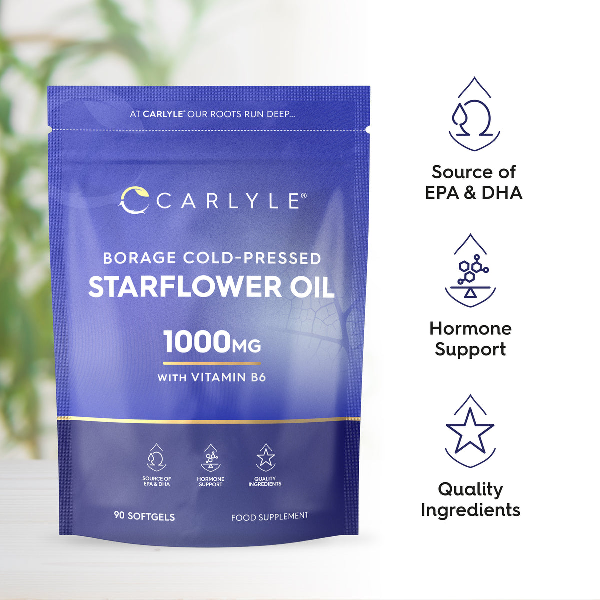 Carlyle Borage Cold-Pressed Starflower Oil 1000mg with Vitamin B6, available as 90 softgels.