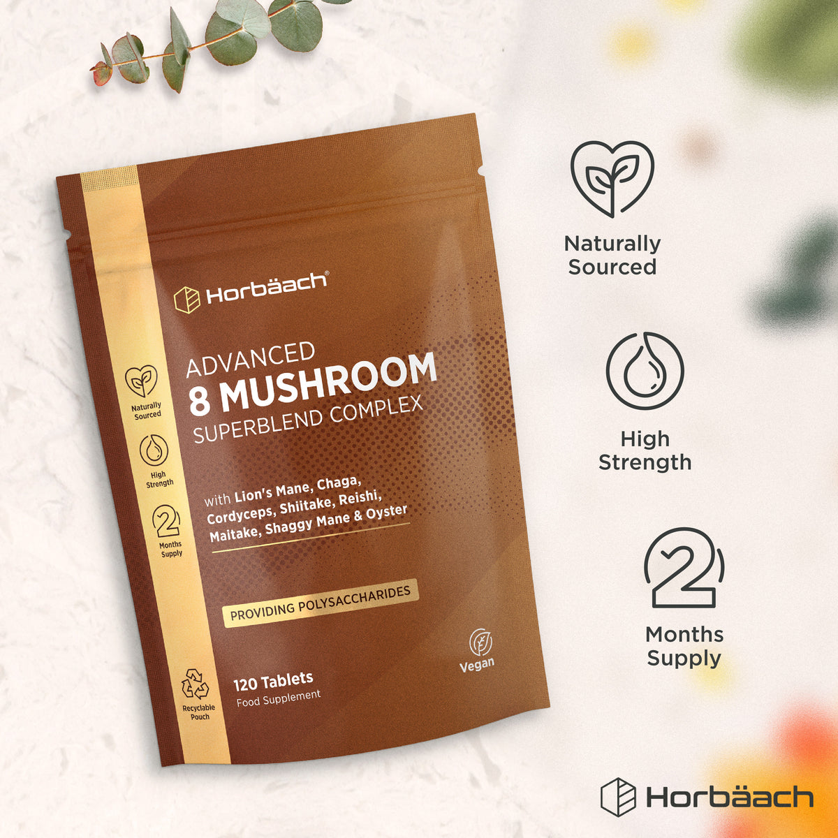 Horbäach Advanced 8 Mushroom Superblend Complex with 120 vegan tablets. Naturally sourced, high strength, 2-month supply.